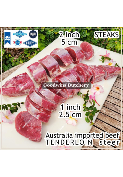 Beef Tenderloin Australia STEER young-cattle aged by producer frozen steak cuts 1 & 2 inch price/pack 600gr (eye fillet mignon daging sapi has dalam) brand AMH
